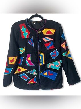 Vintage Allure Geometric Appliqué Colorful Button Cardigan Jacket Sz. M